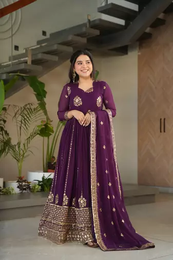 Wine faux georgette sequins Zari embroidered Kurti with dupatta