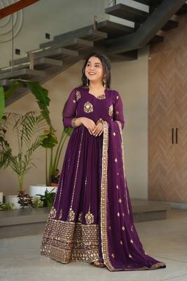 Wine faux georgette sequins Zari embroidered Kurti with dupatta 4
