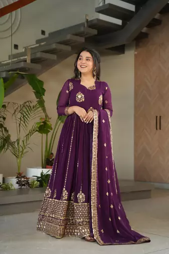 Wine faux georgette sequins Zari embroidered Kurti with dupatta