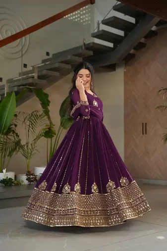 Wine faux georgette sequins Zari embroidered Kurti with dupatta