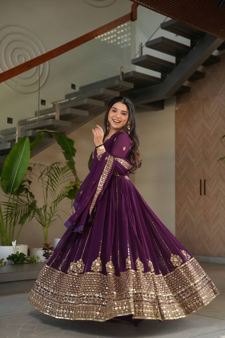 Wine faux georgette with zari & sequins embroidered work kurti n duptta