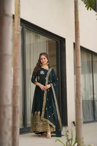 Rama Green Faux Georgette sequins Zari embroidered Kurti with dupatta