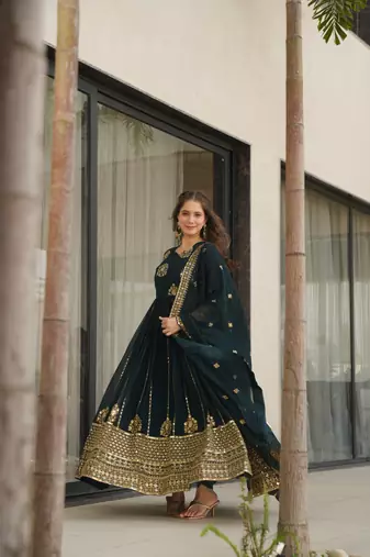 Rama Green Faux Georgette sequins Zari embroidered Kurti with dupatta