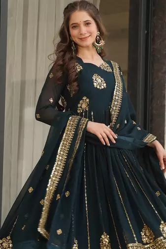 Rama Green Faux Georgette sequins Zari embroidered Kurti with dupatta