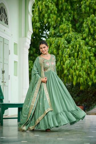 Pista green Vichitra Silk with Rich Embroidered Zari & Thread work Gown  and duptta 