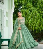 Pista green Vichitra Silk with Rich Embroidered Zari & Thread work Gown  and duptta 