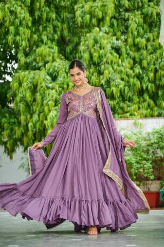 Onion pink Vichitra Silk With Rich Embroidered Zari & Thread Work Gown And Duptta