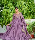 Onion pink Vichitra Silk With Rich Embroidered Zari & Thread Work Gown And Duptta