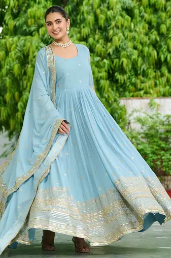 Unique Dusty Faux Georgette Gown And Duptta With Embroidered Work