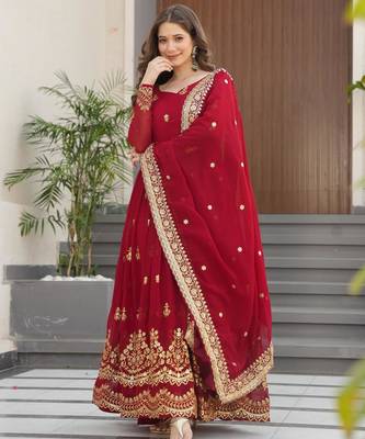 Maroon faux georgette embroidery zari sequins flared gown with heavy dupatta 1