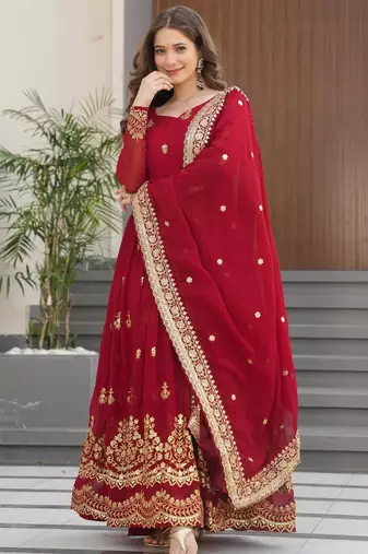 Maroon faux georgette embroidery zari sequins flared gown with heavy dupatta
