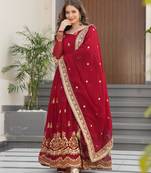 Maroon faux georgette embroidery zari sequins flared gown with heavy dupatta