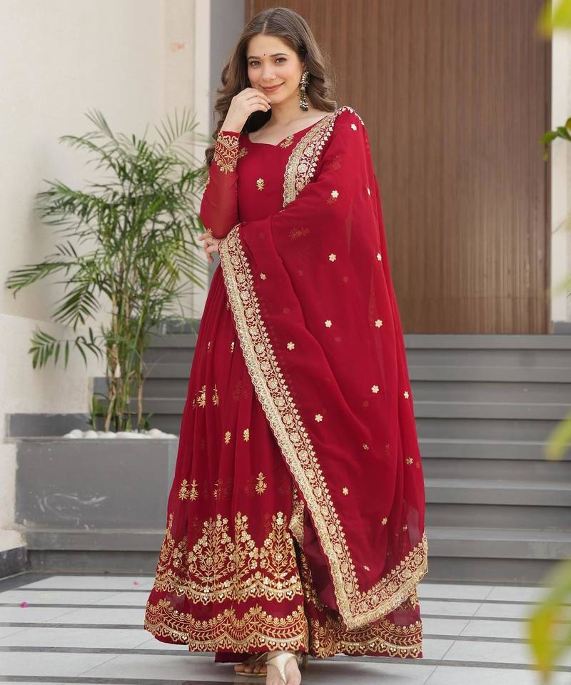 Maroon faux georgette embroidery zari sequins flared gown with heavy dupatta
