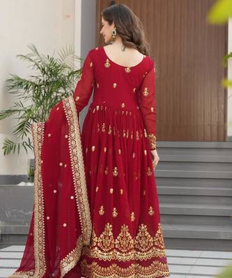 Maroon faux georgette embroidery zari sequins flared gown with heavy dupatta 2