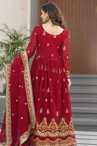 Maroon faux georgette embroidery zari sequins flared gown with heavy dupatta