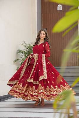 Maroon faux georgette embroidery zari sequins flared gown with heavy dupatta 4