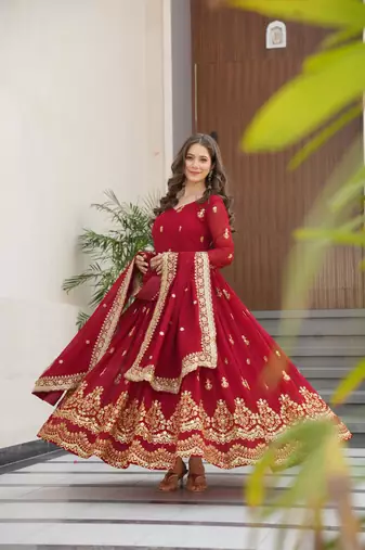 Maroon faux georgette embroidery zari sequins flared gown with heavy dupatta