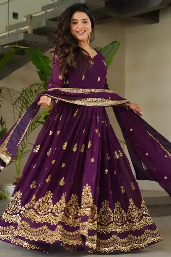 Purple faux georgette embroidery zari sequins flared gown with heavy dupatta