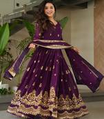 Purple faux georgette embroidery zari sequins flared gown with heavy dupatta