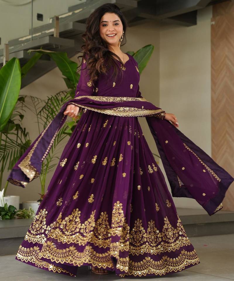 Purple faux georgette embroidery zari sequins flared gown with heavy dupatta