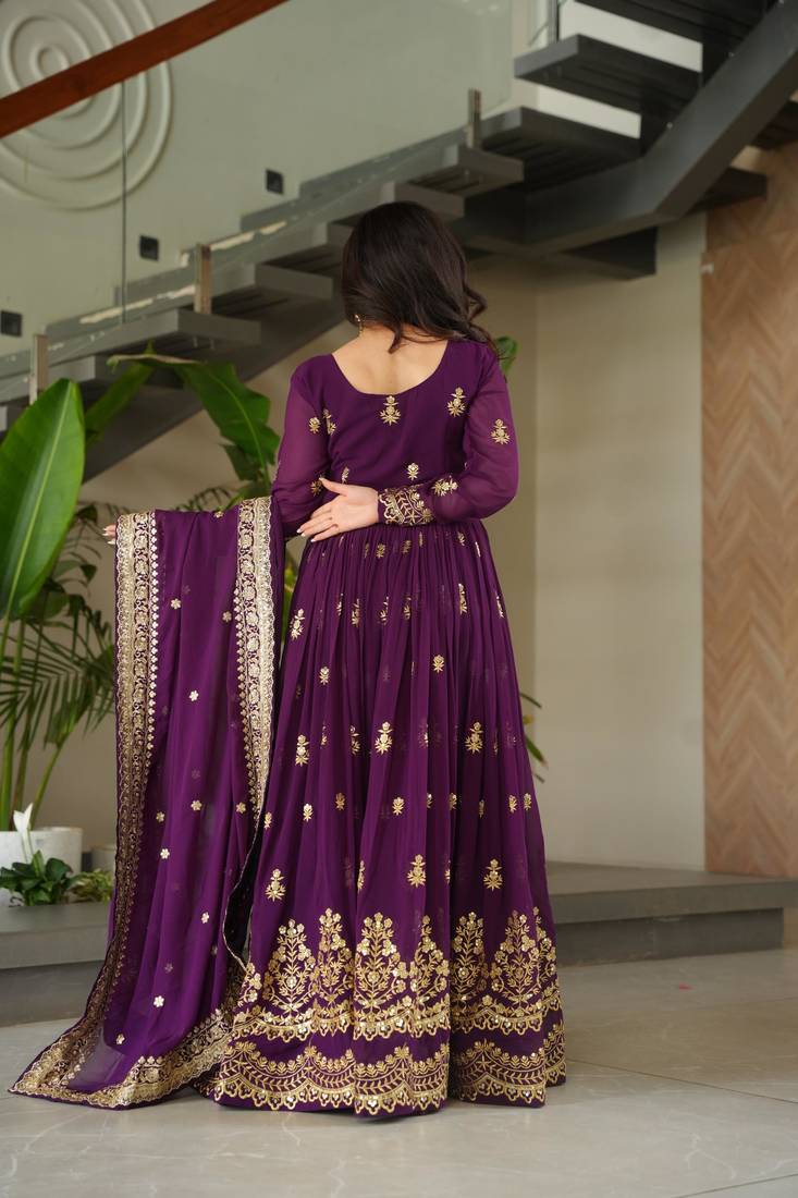 Purple faux georgette embroidery zari sequins flared gown with heavy dupatta