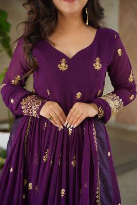 Purple faux georgette embroidery zari sequins flared gown with heavy dupatta 3