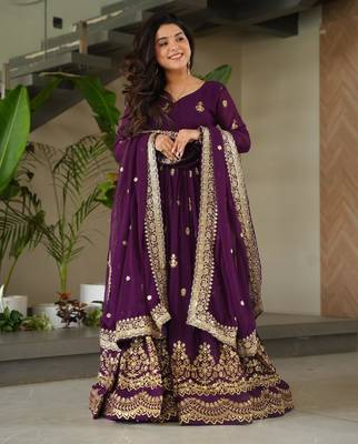Purple faux georgette embroidery zari sequins flared gown with heavy dupatta 4