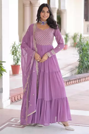 Onion georgette sequins zari embroidered ruffle flared gown with heavy dupatta