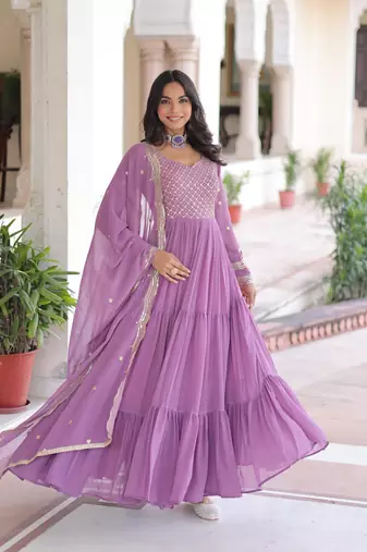 Onion georgette sequins zari embroidered ruffle flared gown with heavy dupatta