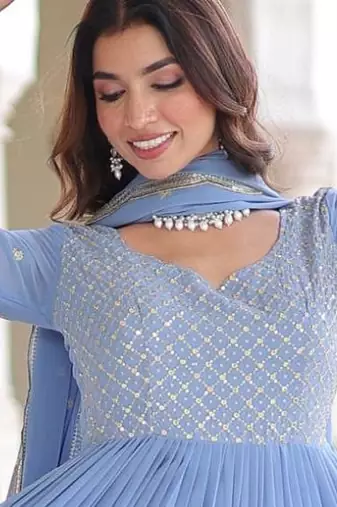 Sky georgette sequins zari embroidered ruffle flared gown with heavy dupatta