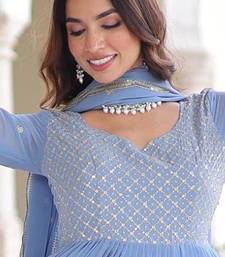 Sky georgette sequins zari embroidered ruffle flared gown with heavy dupatta