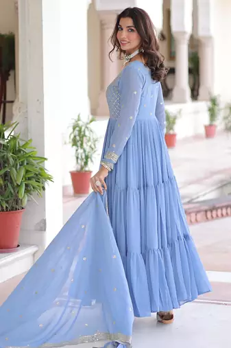 Sky georgette sequins zari embroidered ruffle flared gown with heavy dupatta