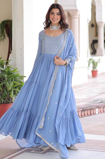 Sky georgette sequins zari embroidered ruffle flared gown with heavy dupatta