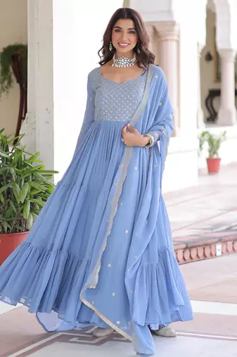 Sky georgette sequins zari embroidered ruffle flared gown with heavy dupatta