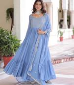 Sky georgette sequins zari embroidered ruffle flared gown with heavy dupatta