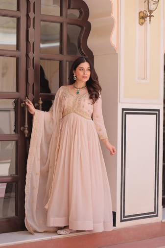 Cream star georgette bead sequins embroidered flared gown with heavy dupatta