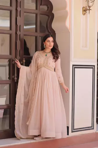 Cream star georgette bead sequins embroidered flared gown with heavy dupatta