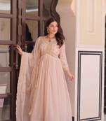 Cream star georgette bead sequins embroidered flared gown with heavy dupatta