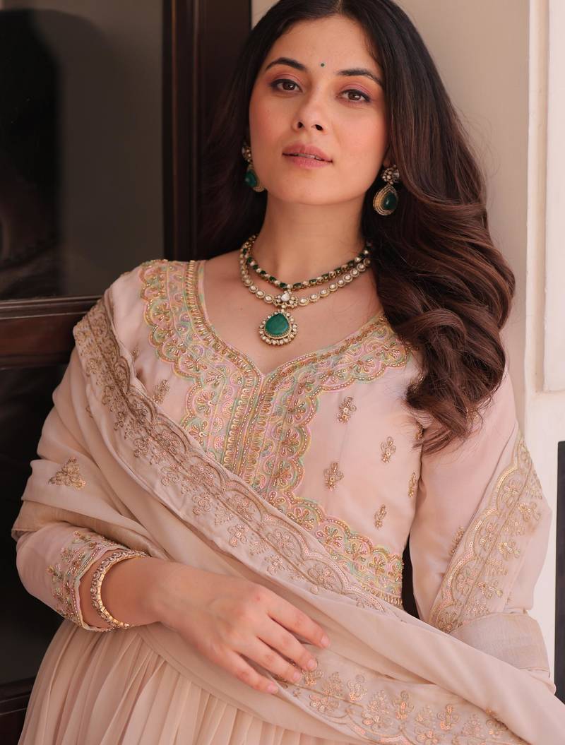 Cream star georgette bead sequins embroidered flared gown with heavy dupatta