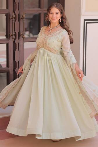 Pista star georgette bead sequins embroidered flared gown with heavy dupatta