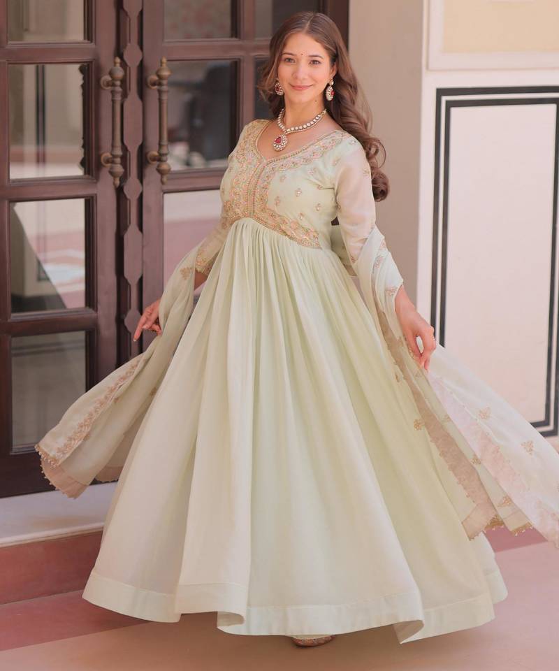 Pista star georgette bead sequins embroidered flared gown with heavy dupatta