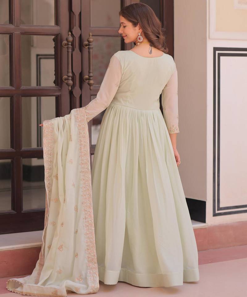 Pista star georgette bead sequins embroidered flared gown with heavy dupatta