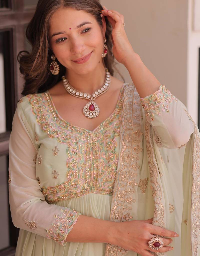 Pista star georgette bead sequins embroidered flared gown with heavy dupatta