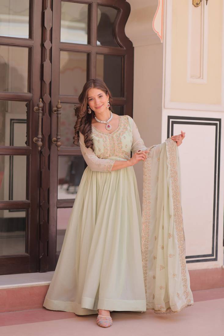 Pista star georgette bead sequins embroidered flared gown with heavy dupatta