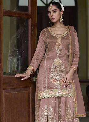 Light brown simmer silk embroidered designer sharara suit 1