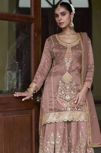Light brown simmer silk embroidered designer sharara suit