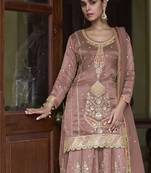 Light brown simmer silk embroidered designer sharara suit