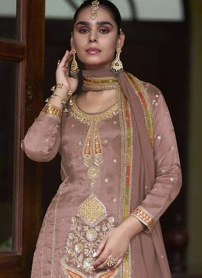 Light brown simmer silk embroidered designer sharara suit 2