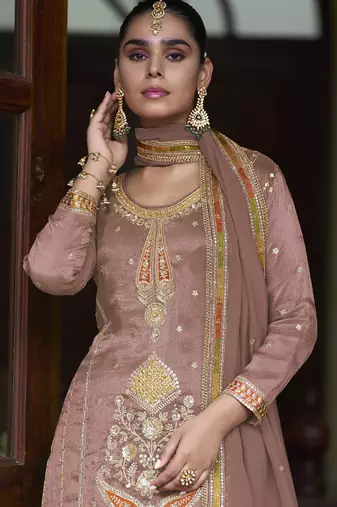 Light brown simmer silk embroidered designer sharara suit