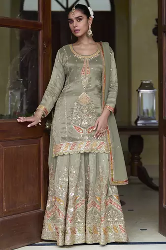 Light mahendi simmer silk embroidered designer sharara suit